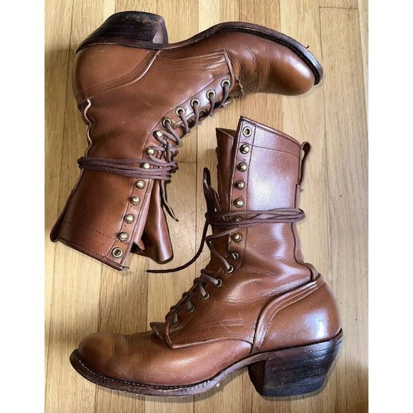 Vintage Handmade brown leather boots men’s size 8E. Lace up. - Picture 2 of 16